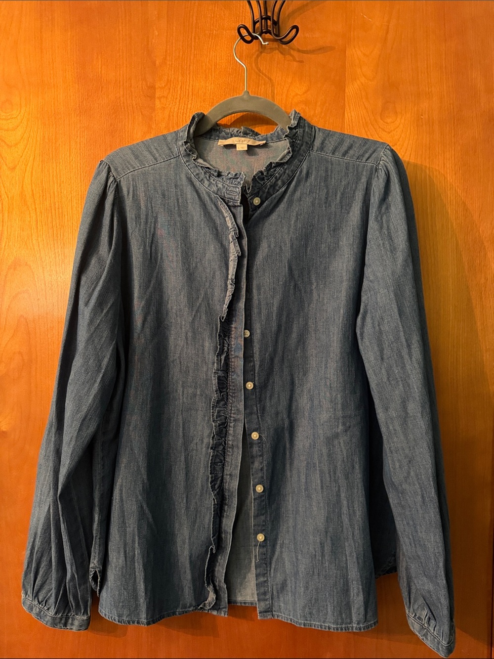 LOFT Denim Ruffle-Trim Button-Down Shirt in Medium Blue